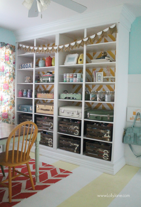 http://www.bloominghomestead.com/wp-content/uploads/2016/03/lollyjane-craft-room-herringbone-bookcase.jpg